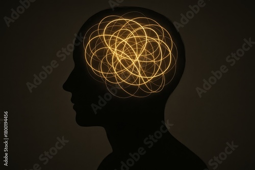 Silhouette head with glowing tangled lines symbolizing overthinking, anxiety, and brain activity—abstract mental health concept.