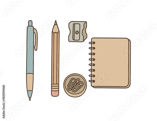 flat vector handdrawn soft palette clean outlines white background zero contain office kit refill pen wooden pencil metal sharpener recycled notebook clip tin no logos no gloss