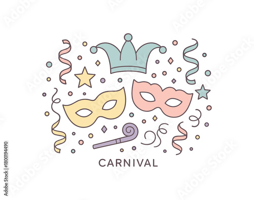 flat vector outline illustration of carnival celebration with masks ribbons and confetti clean composition pastel palette isolated on white background