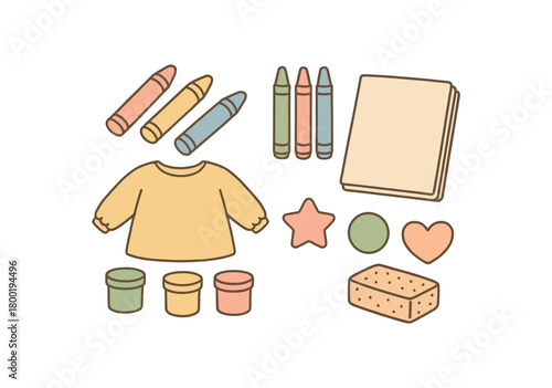 flat vector handdrawn soft palette clean outlines white background art time chunky crayons washable markers finger paint pots smock paper pad sponge shapes no logos no gloss