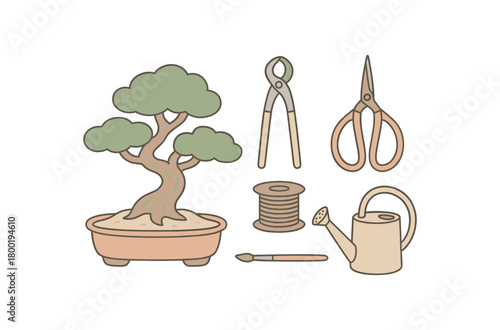 flat vector handdrawn soft palette clean outlines white background bonsai care shallow pot concave cutter pruning shears wire spool watering can detail brush no logos no gloss