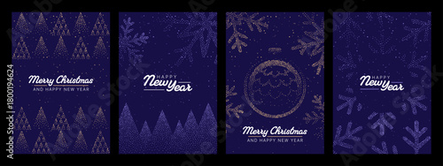 Four vector greeting card designs with dot pattern illustration of Christmas trees, snowflakes, and ornaments, for Holiday celebration.