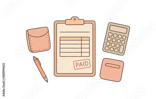 flat vector handdrawn soft palette clean outlines white background freelance invoicing invoice pad blank stamp paid receipt pouch calculator pen no logos no gloss