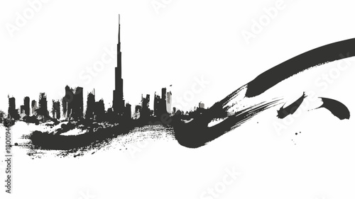 Grunge ink brush stroke art of Dubai city skyline featuring Burj Khalifa and modern skyscrapers