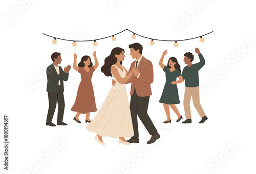 colored flat vector illustration of wedding dance floor party with couple lights and guests soft muted tones modern palette isolated on white background