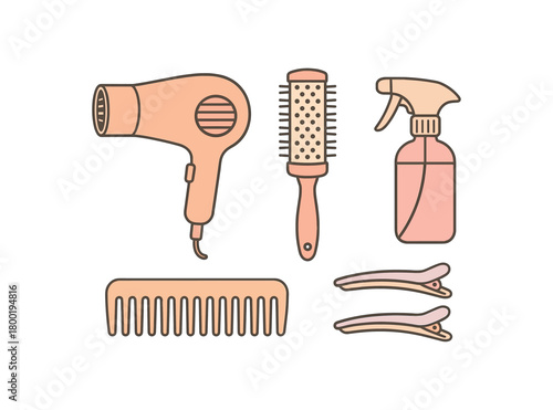 Flat vector hair styling: hairdryer brush comb spray bottle clips pastel palette clean outlines minimal centered isolated on white no logos
