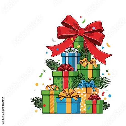 Vibrant simplified holiday gifts vignette, tightly clustered with bow and confetti.