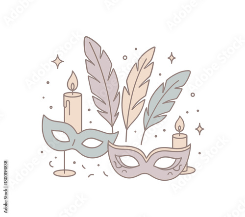 flat vector outline illustration of masquerade party with masks feathers and candles minimal elegant line design low saturation isolated on white background