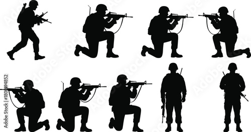 Black silhouette of soldiers in various combat stances with rifles military army