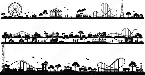 Black silhouette of a sprawling amusement park with rides and attractions black and white