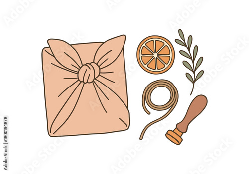 flat vector handdrawn soft palette clean outlines white background zero contain gift wrap fabric furoshiki twine dried orange sprig wax spoon no logos no gloss