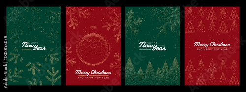 Christmas and New Year greeting card set with winter holiday design. Vector illustration of traditional festive ornament patterns for celebration.