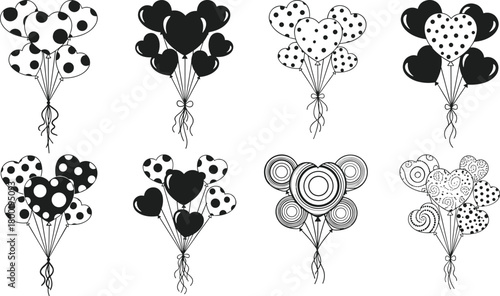 Collection of black and white heart shaped balloons with various patterns and solid fill