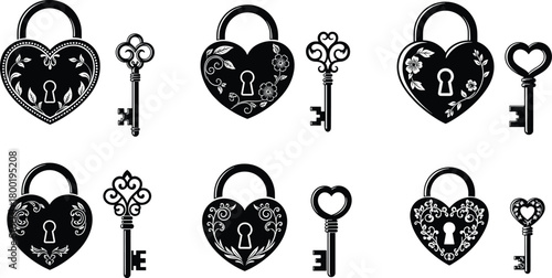 Collection of black heart shaped padlocks and ornate keys with floral designs security