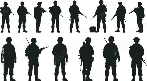 Collection of Black Silhouettes of Soldiers with Rifles and Gear military