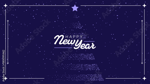 Happy New Year message on dark blue background with decorative dots forming a Christmas tree and a star, for greeting card design.