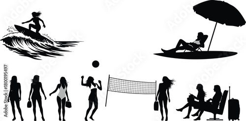 Collection of black silhouettes of women enjoying beach activities and travel woman