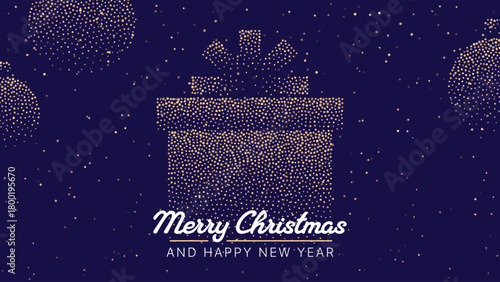 Christmas holiday gift box festive greeting card with golden dots texture and text. Merry Christmas and Happy New Year wishes.