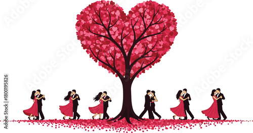 Couples dancing under a large heart shaped tree with pink heart leaves and falling petals
