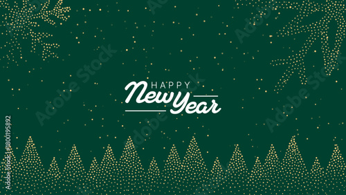 Happy New Year typography on a festive green background with golden dotted pine tree branches and winter scene. Holiday greeting card design.
