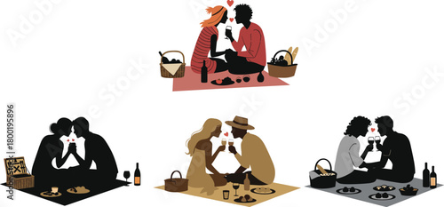 Diverse couples enjoying romantic picnics with wine and food romance love