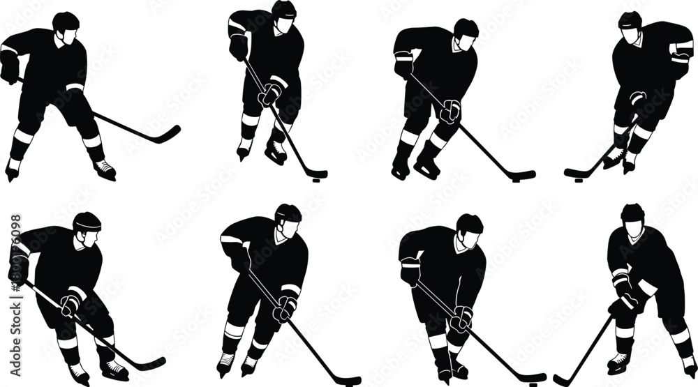 Fototapeta premium Eight Black Silhouettes of Hockey Players in Various Poses on White Background ice hockey