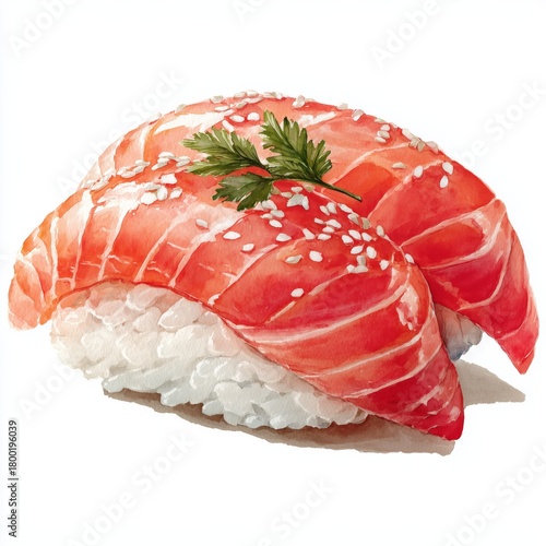 Fresh Salmon Nigiri Sushi Served on a White Plate With Sesame Seeds and Garnish