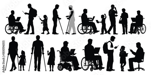 Diverse people silhouettes using technology and mobility aids diversity laptop