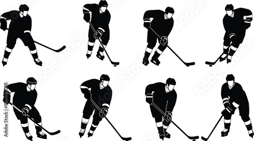 Eight Black Silhouettes of Hockey Players in Various Poses on White Background ice hockey