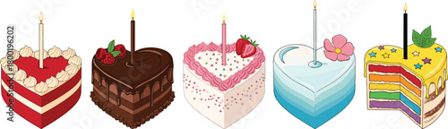 Five heart shaped cakes with candles and decorations birthday celebration