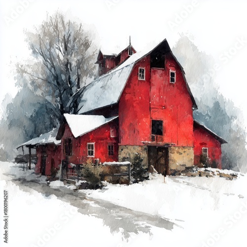 Snow-covered Red Barn Surrounded by Trees in Winter Landscape