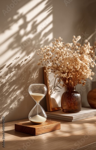 Elegant Hourglass and Dried Flowers in Cozy Interior With Soft Sunlight