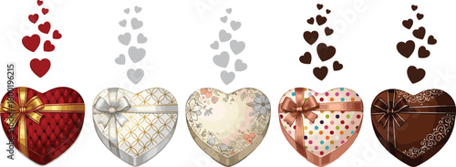 Five heart shaped gift boxes with decorative bows and heart motifs chocolate box