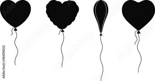 Four black balloons in different shapes with strings on white background heart balloon