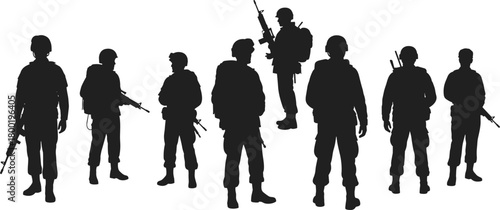 Group of black silhouette soldiers with rifles and backpacks military army