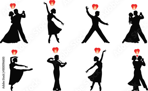 Silhouettes of couples dancing and a violinist with red heart shaped lanterns ballroom