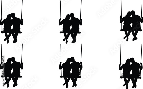 Silhouettes of couples on swings in a repeating pattern love romance