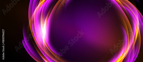 Abstract design features vibrant purple, orange layers. Circular shapes create glowing effect against dark background. Modern, dynamic composition.