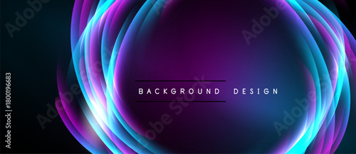 Abstract vibrant layers create glowing effect. Dark background emphasizes bright circular design, text present.