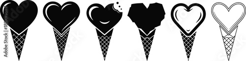 Six black and white heart shaped ice cream cones in a row graphic