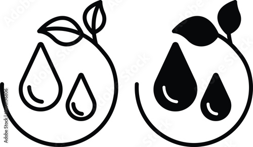 Natural Water Droplets With Plant Leaves In Circle Eco Friendly Vector Silhouette and Pictogram..eps
