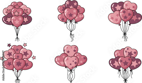 Six bunches of pink heart shaped balloons with star patterns and strings stars