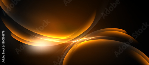 Abstract design features flowing orange curves, bright center glow, dark background. Smooth gradients create dynamic visual effect.