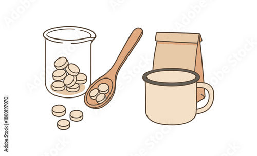 flat vector handdrawn soft palette clean outlines white background toothpaste tablets loose glass beaker wooden spoon paper sachet blank enamel cup no logos no gloss