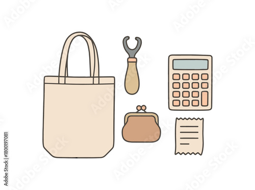 flat vector handdrawn soft palette clean outlines white background thrift shopping kit tote bag tag remover tool coin purse receipt calculator no logos no gloss