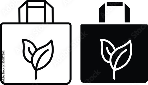 Reusable Eco Friendly Shopping Bag With Green Leaves Outline Solid Vector Silhouette and Pictogram..eps