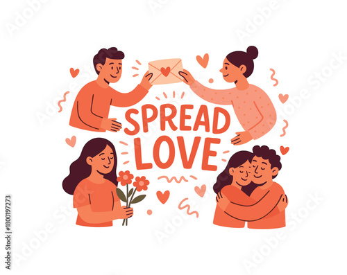 Playful vector illustration with handlettered text SPREAD LOVE surrounded by people sending letters giving flowers hugging cheerful flat vector style warm pink tones isolated on white