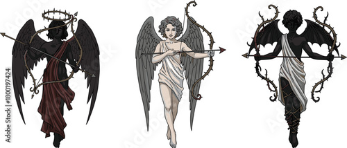 Three winged figures with bows and arrows on white background angel cupid