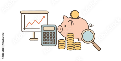 flat vector handdrawn soft palette clean outlines white background investment basics graph card blank calculator piggy bank coin stacks magnifying glass no logos no gloss