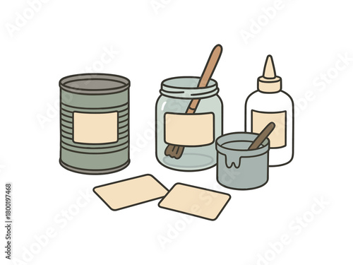 flat vector handdrawn soft palette clean outlines white background upcycle craft glass jars tin cans paint pot brush label cards blank glue no logos no gloss